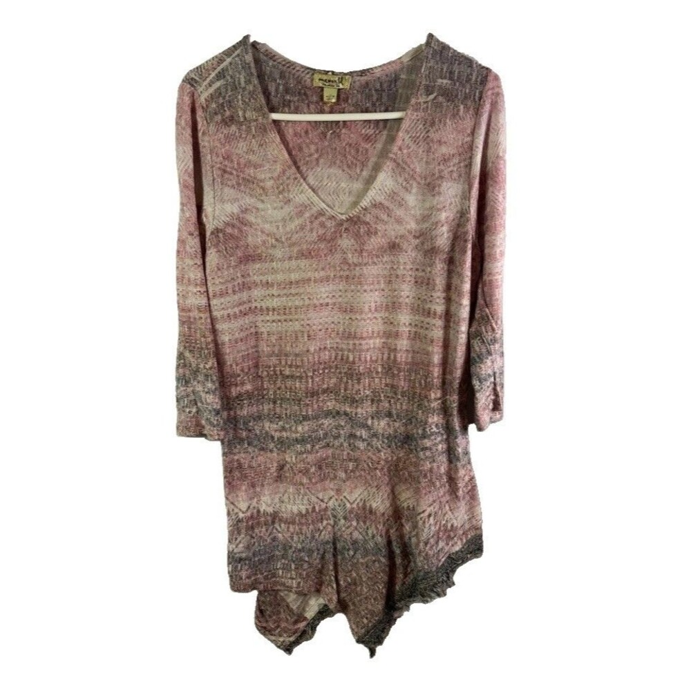 One World Women’s L Pink/Gray Abstract Knit Rayon V-Neck 3/4 Sleeve Lace Tunic